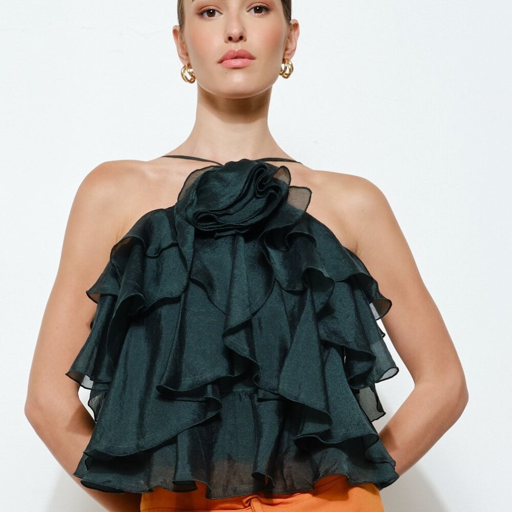Green Holiday Party Florette Ultra Ruffle Silky Lace Back Top